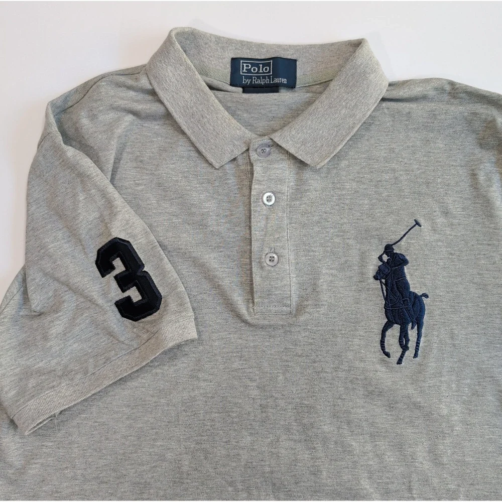 Vintage Ralph Lauren Polo Shirt Mens M Custom Fit Grey Big Pony Number 3 Preppy